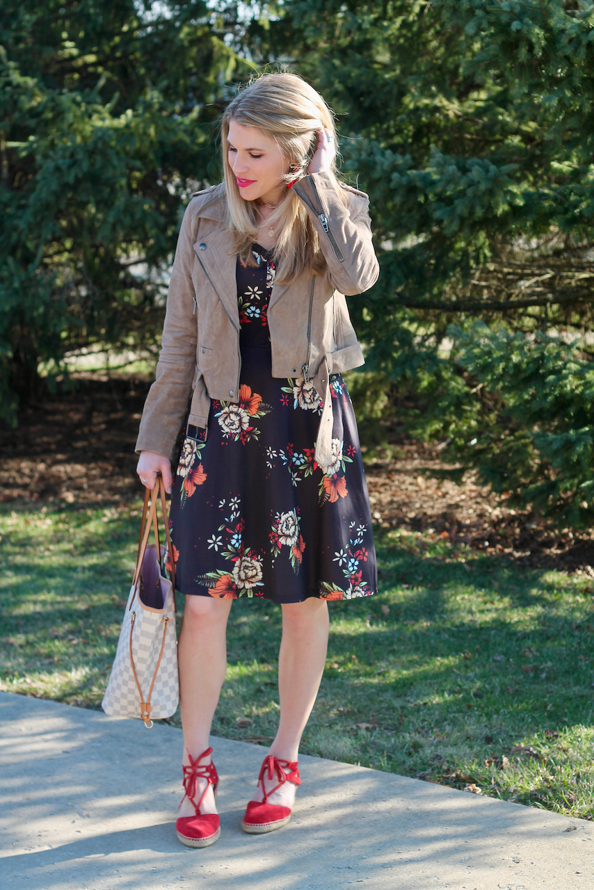 Floral Dress and Moto Jacket & Confident Twosday Linkup - I do deClaire