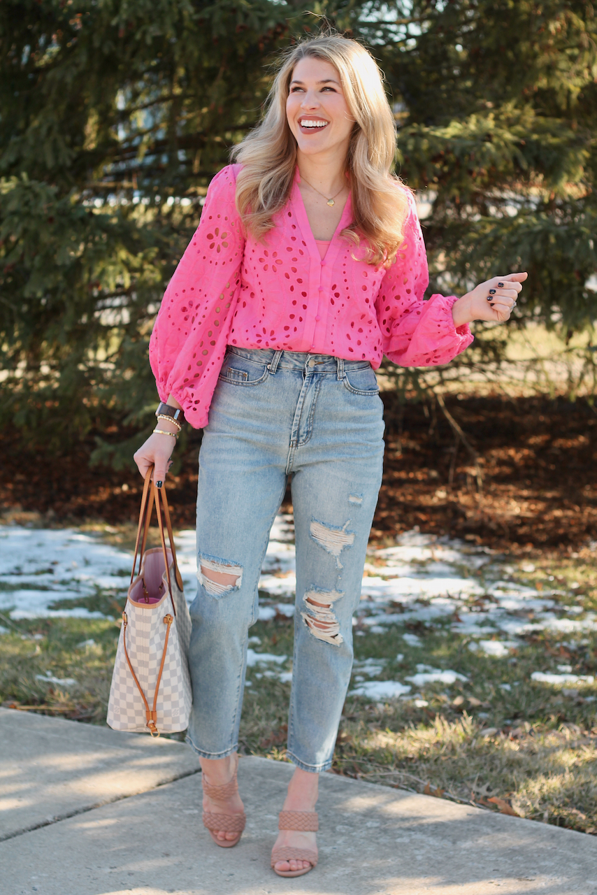 pink eyelet top, distressed straight leg jeans, Shein spring styles, braided sandals
