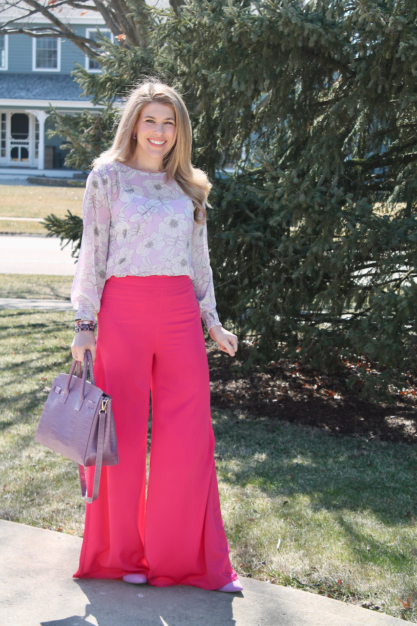 cabi poppy blouse and pink white leg pants