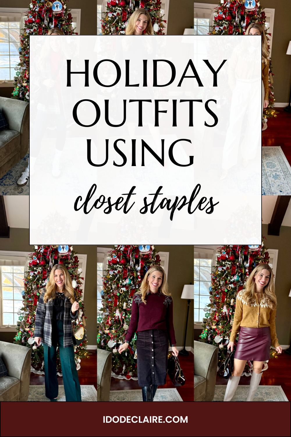 Women’s holiday outfit photographed at home with Christmas tree