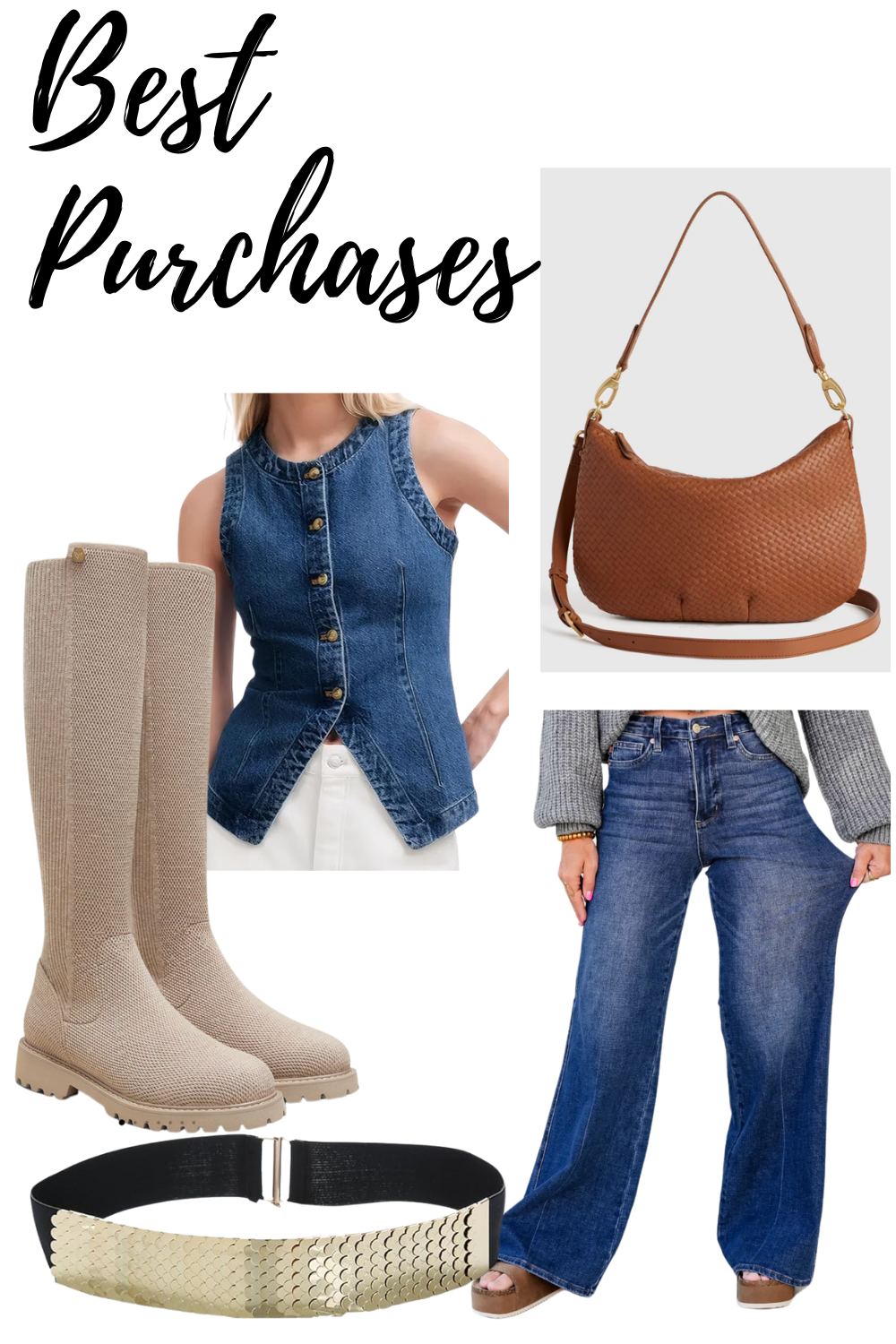Best of 2025 recap best purchases featuring wide leg jeans, denim top, tall nude boots, woven crossbody bag, and gold belt